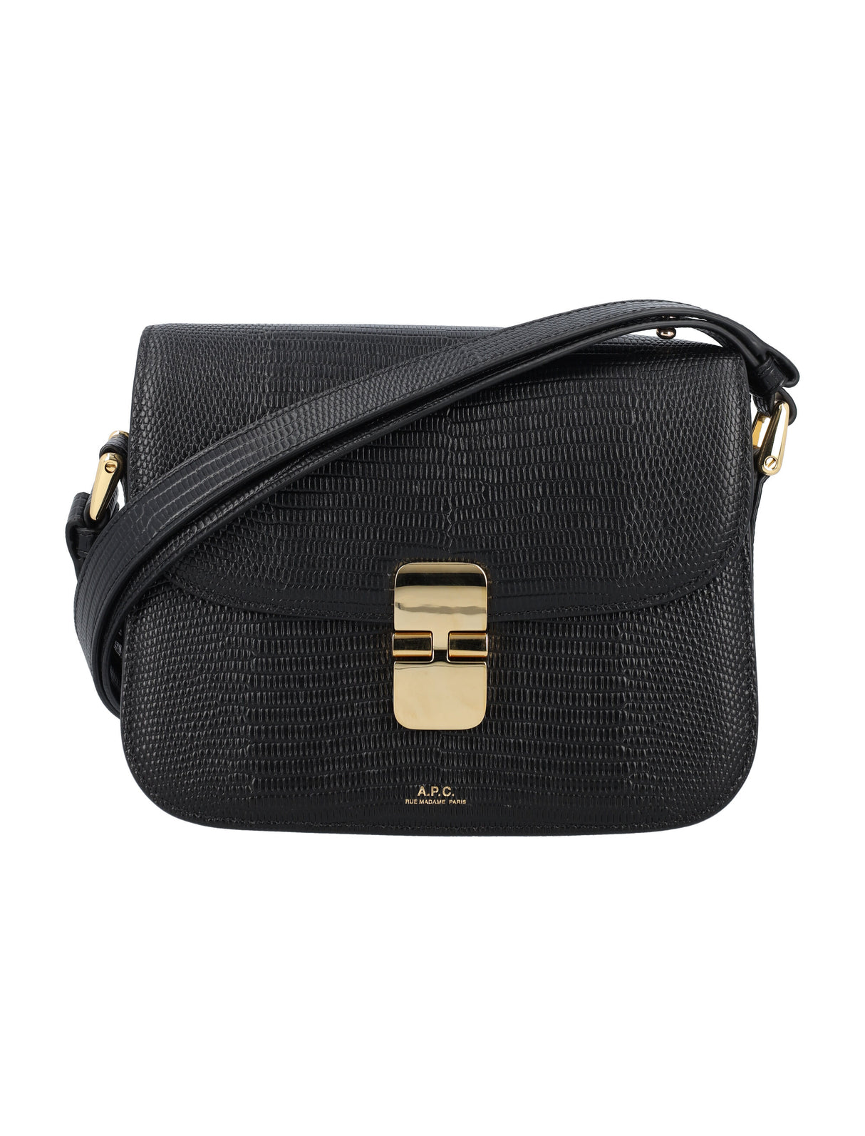 A.P.C. Grace Small Black Leather Handbag with Lizard Motif and Goldtone Accents