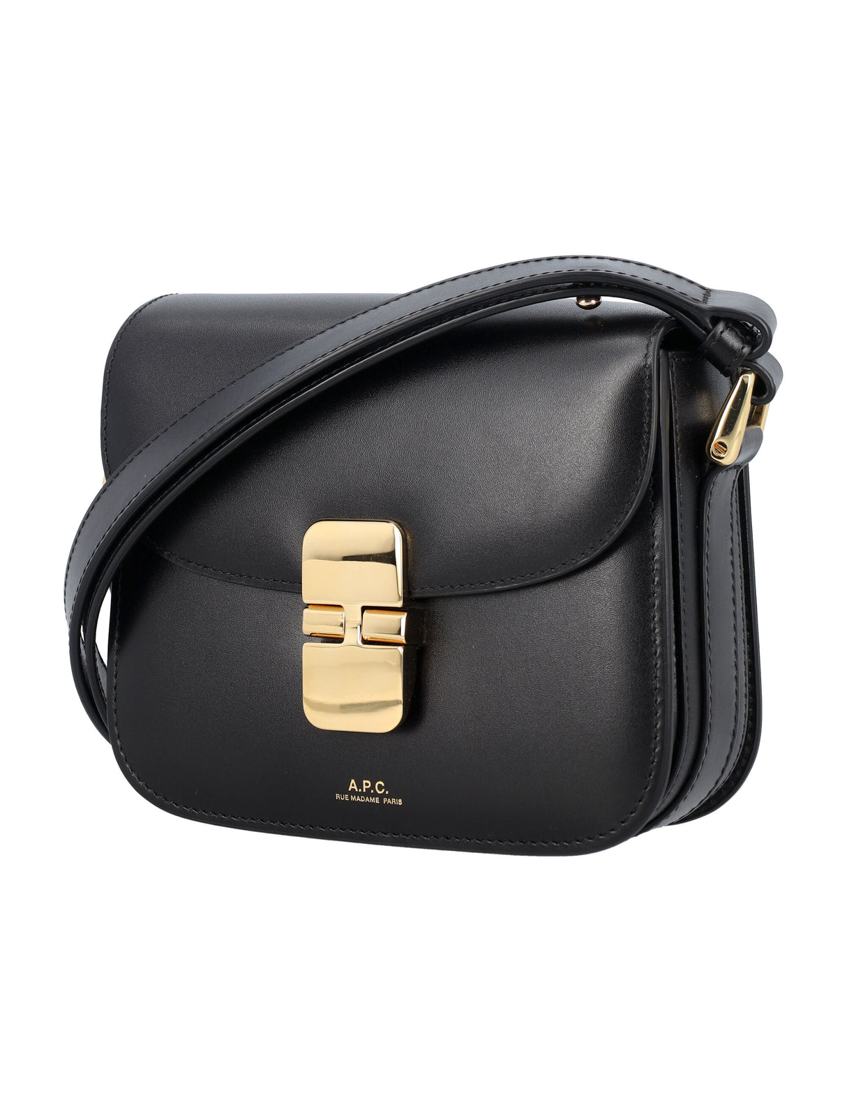 A.P.C. Grace Mini Black Leather Shoulder Bag with Goldtone Details, 14.5 x 17.5 x 4 cm