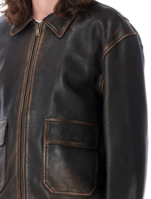 男士SS24款棕色轰炸机皮夹克