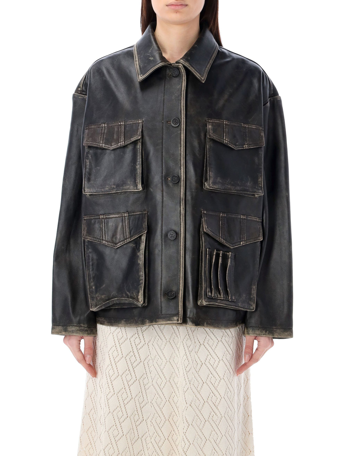 GOLDEN GOOSE Leonor Pocket Leather Jacket in Brown - Women's Box Fit SS24 Outerwear