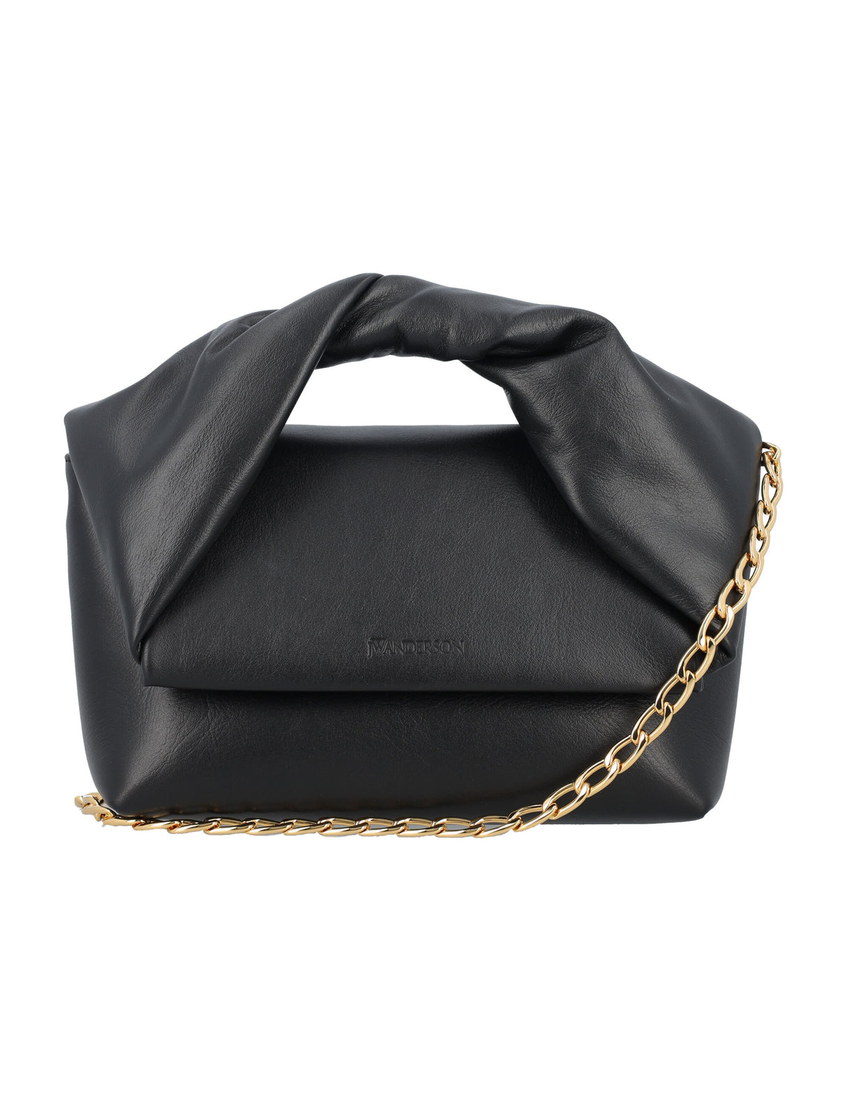 JW ANDERSON Smooth Leather Medium Twister Handbag with Gold Chain and Twisted Handle - Versatile Clutch, Shoulder, & Crossbody Bag - Black - 17cm x 29cm x 5cm