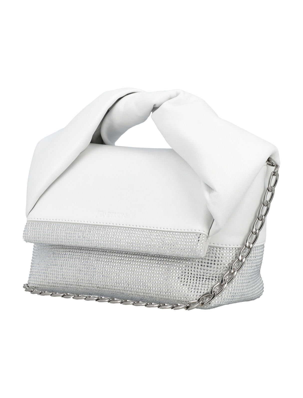 JW ANDERSON White Leather Medium Twister Handbag with Crystal Accents and Silver Chain Strap
