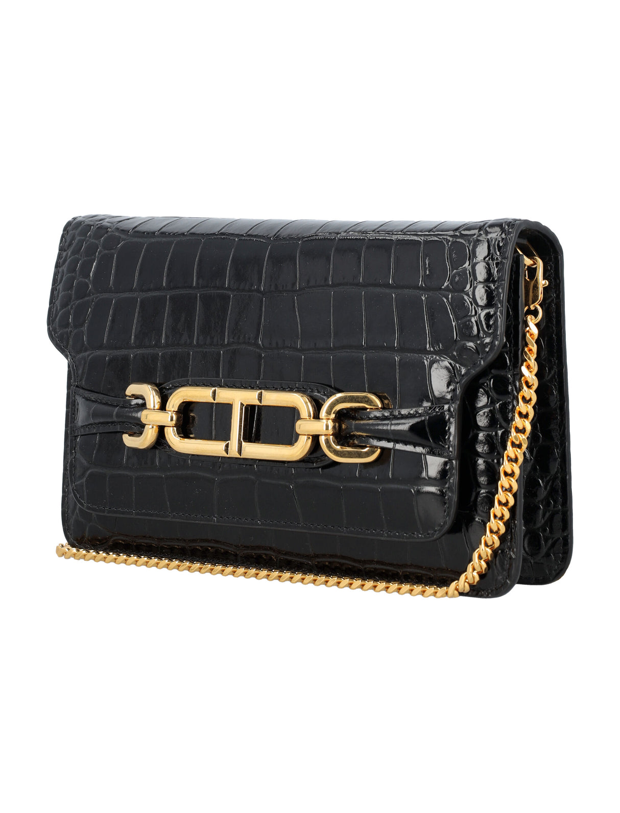 TOM FORD Whitney Mini Black Crocodile Embossed Leather Shoulder Bag with Chain Strap