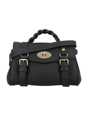MULBERRY Mini Alexa Black Leather Shoulder Bag with Braided Handle and Postman's Lock Closure