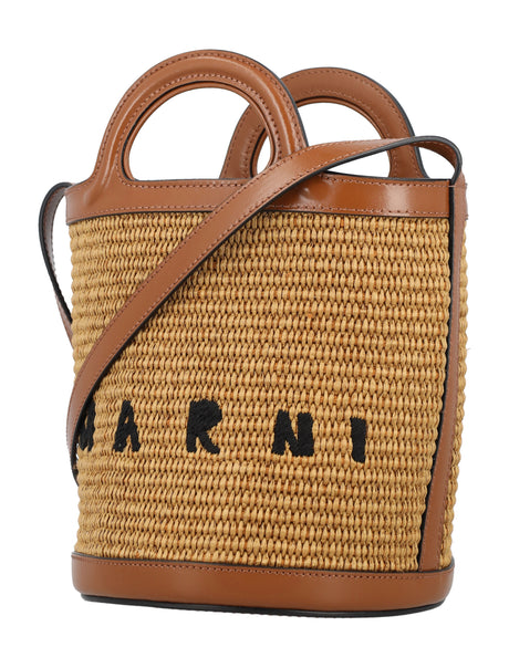 MARNI Tropicalia Small Raffia Bucket Handbag with Leather Accents