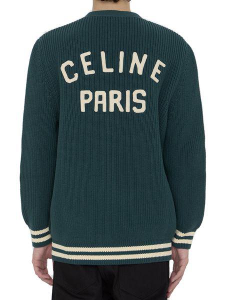 綠色純棉大學風開襟衫，前后分别绣有C字母和Celine Paris标志