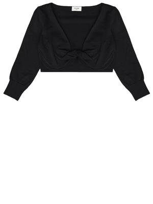 CELINE Black Draped Three-Quarter Sleeve Crop Top in Stretch Silk Blend for Women