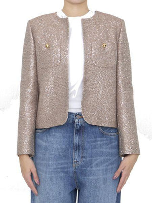 粉色亮片羊毛混纺夹克，配有金色配饰和补充口袋