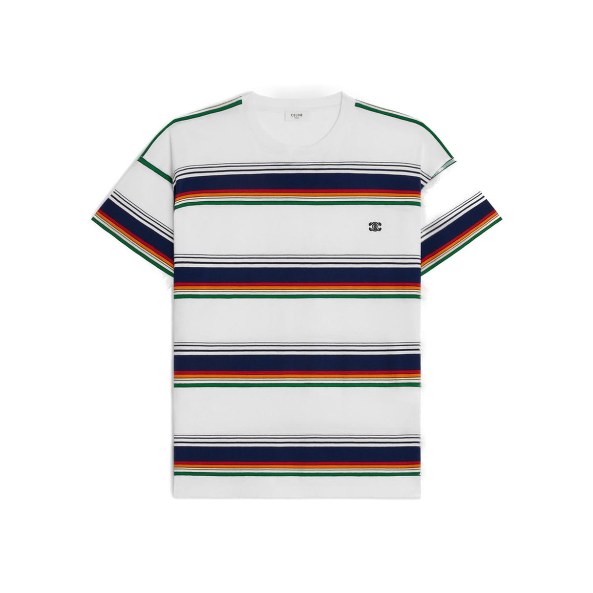 CELINE Men's Striped Triumph T-Shirt in White and Multicolor