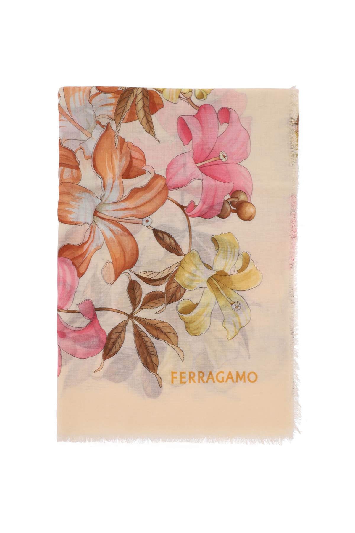 FERRAGAMO Elegant Tan Cashmere Stole with Hibiscus Print