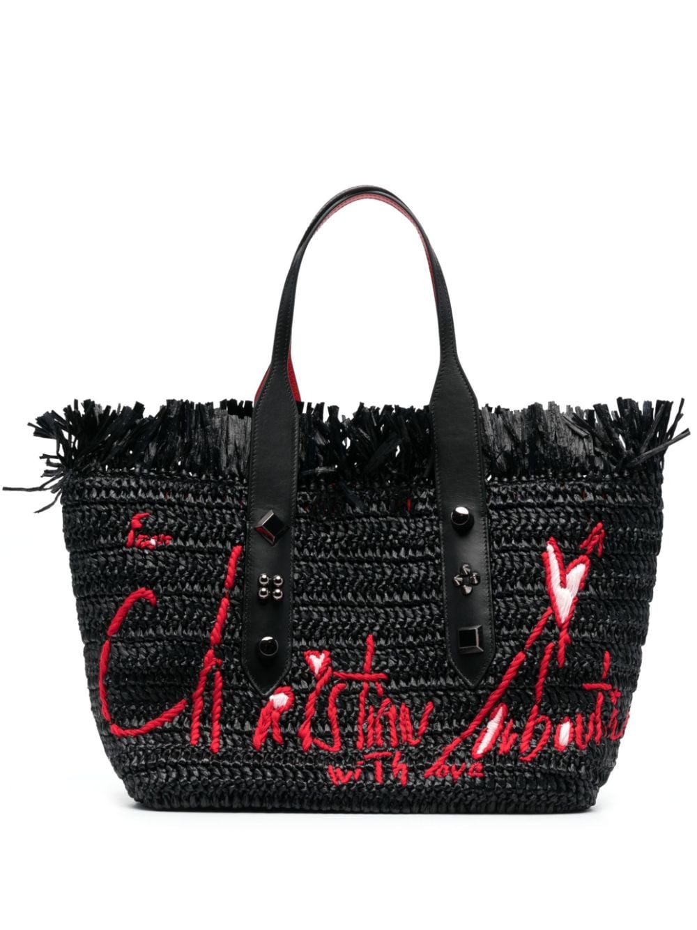 Black Raffia Tote Bag with Frayed Detail and Silver Studs by Christian Louboutin
