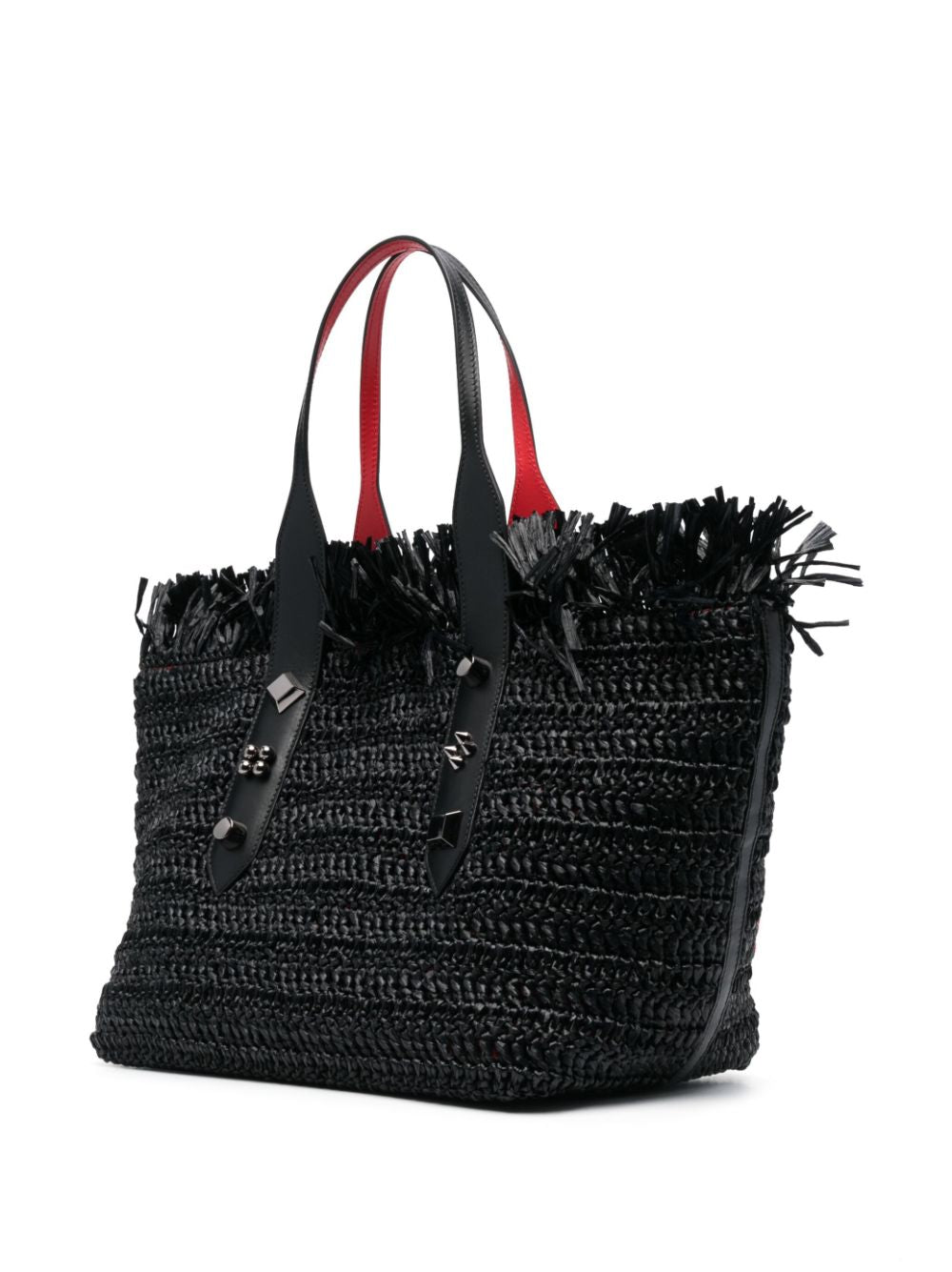 Black Raffia Tote Bag with Frayed Detail and Silver Studs by Christian Louboutin