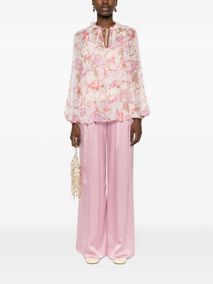 ZIMMERMANN Coral Pink Floral Print Blouse with V-Neck and Tie Neck Detail