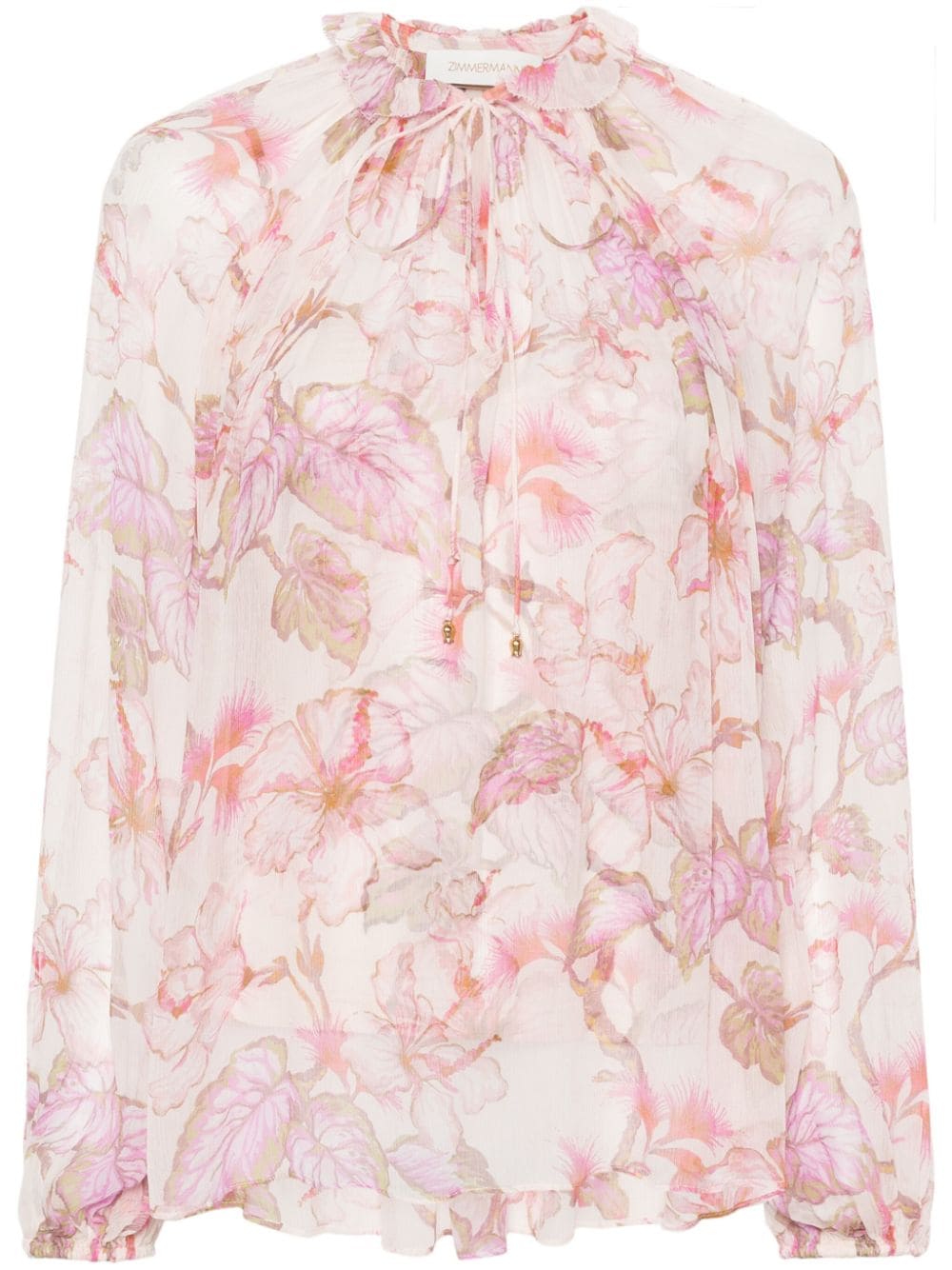 ZIMMERMANN Coral Pink Floral Print Blouse with V-Neck and Tie Neck Detail
