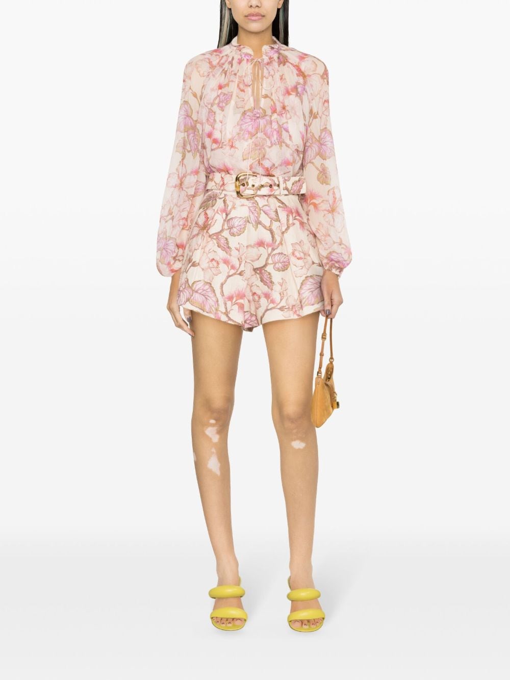 ZIMMERMANN Coral Pink Floral Print Linen Shorts for Women
