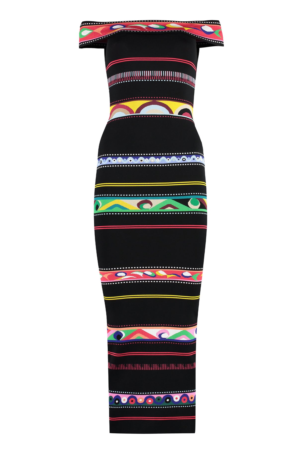 EMILIO PUCCI Black Jacquard Knit Dress for Women with Off-The-Shoulder Neckline and Back Slit Hem - FW23 Collection