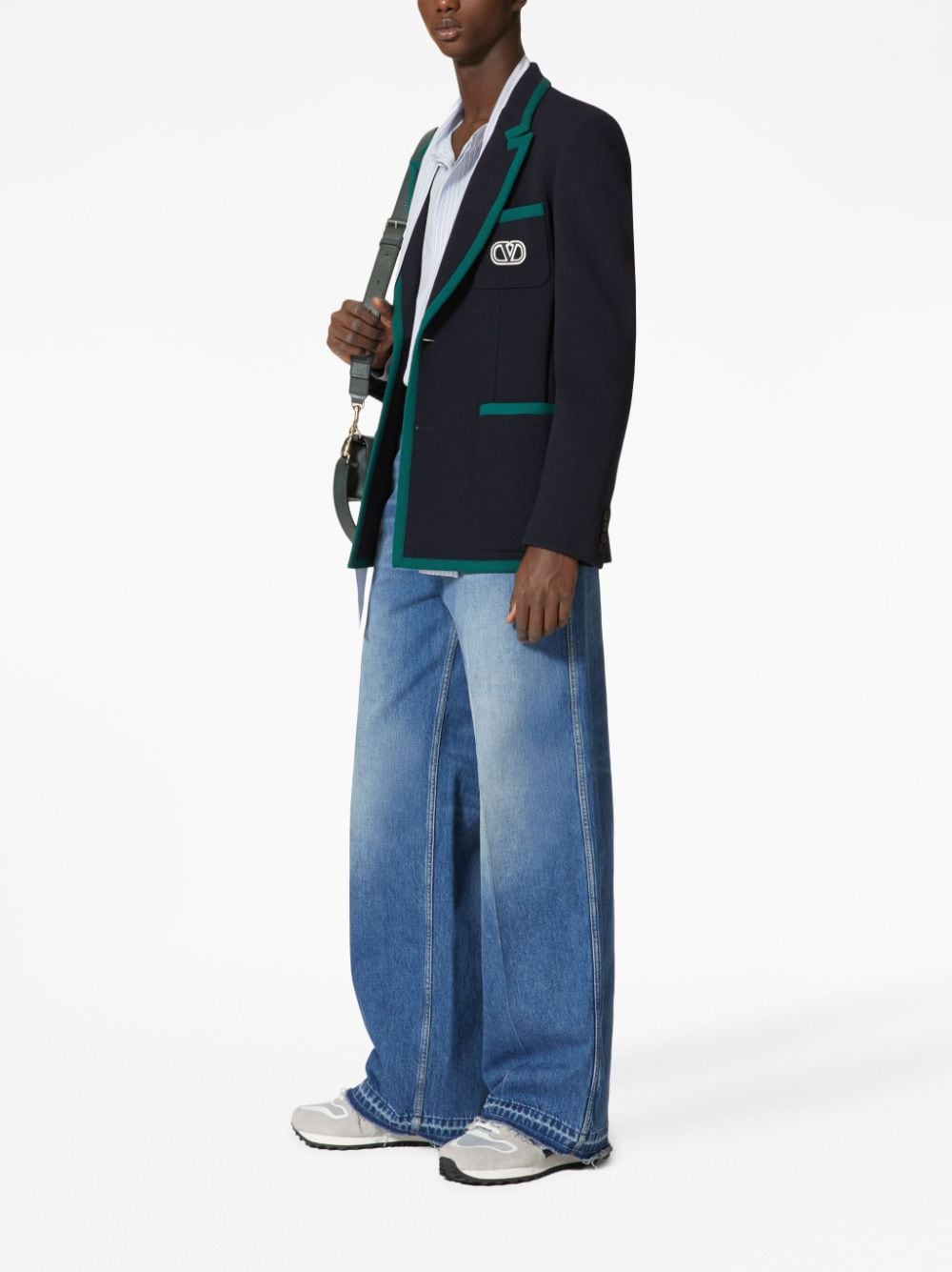 男士羊毛配襯對比袖扣單排扣藍色西裝外套FW23