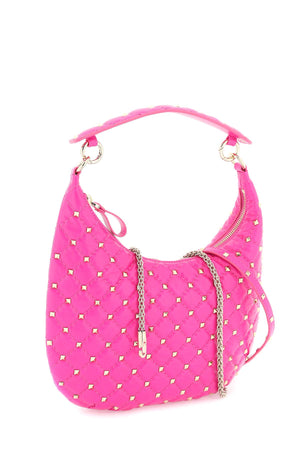VALENTINO GARAVANI Small Quilted Leather Rockstud Spike Hobo Handbag in Pink with Convertible Chain Strap
