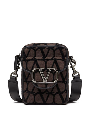 VALENTINO Men's Mini Crossbody Bag in Brown Canvas with Leather Accents and Iconographic Motif, 12x16x6 cm