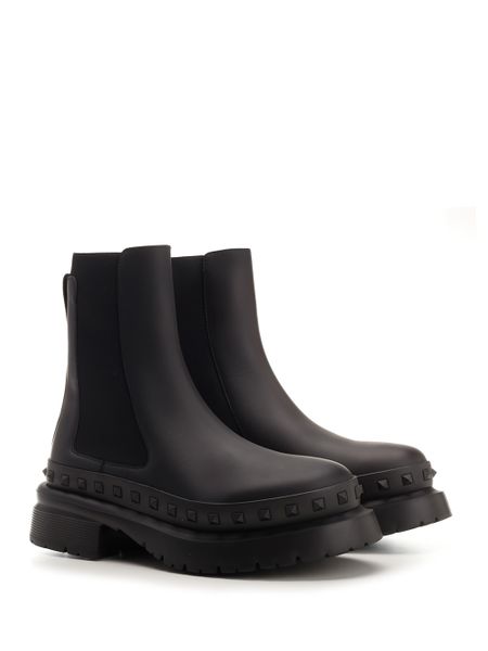 VALENTINO Men's Black Leather Rockstud Chelsea Boots for FW23