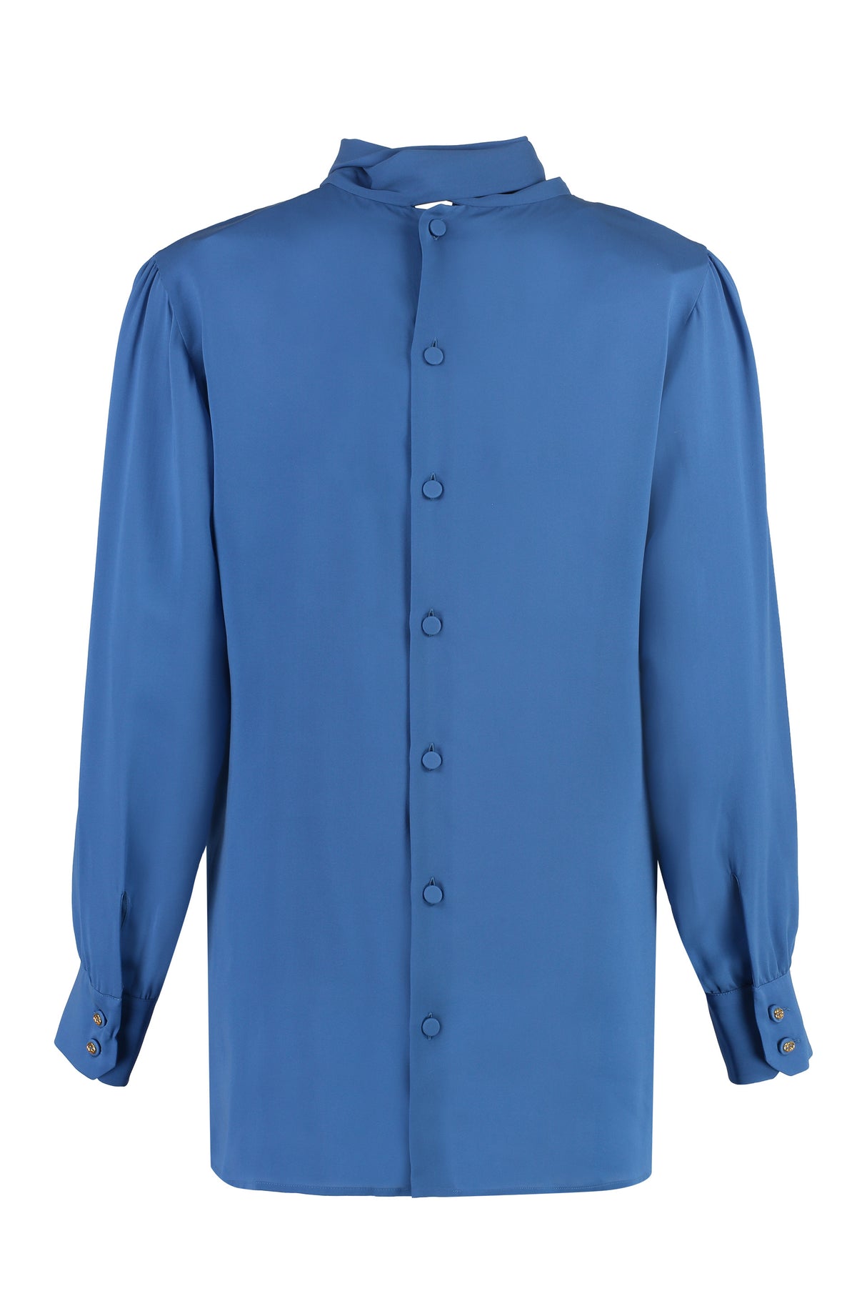 蓝色女性领系带格鲁吉亚式衬衫带有标识细节按钮
