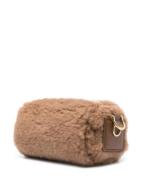 MAX MARA Chic Beige Teddy Fur Small Shoulder Bag with Gold-Tone Accents and Leather Trim