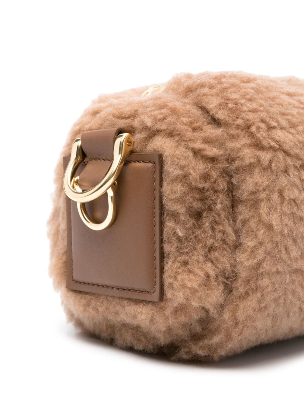 MAX MARA Chic Beige Teddy Fur Small Shoulder Bag with Gold-Tone Accents and Leather Trim