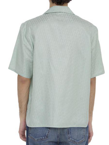DIOR HOMME Green Silk and Cotton Blend Short-Sleeved Shirt with Dior Oblique Motif for Men