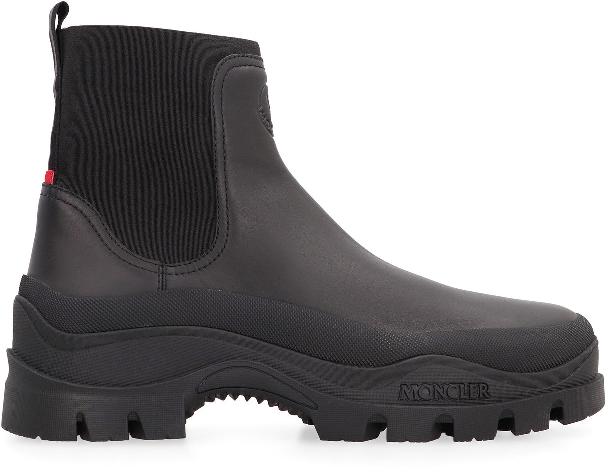 MONCLER Men's Black Leather Chelsea Boots with Embossed Logo and Tricolor Detail