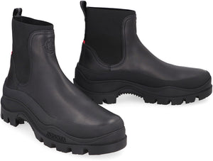 MONCLER Men's Black Leather Chelsea Boots with Embossed Logo and Tricolor Detail