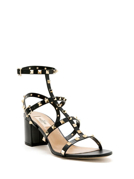 Black Leather Rockstud Ankle Strap Sandals for Women from Valentino