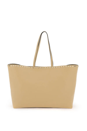 Garnet-Coloured Calfskin Leather Rockstud Shopping Handbag in Cappuccino for SS24