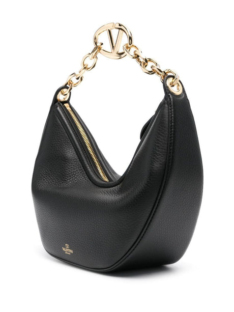 VALENTINO GARAVANI Black Leather V Logo Gate Top Handle Handbag for Women