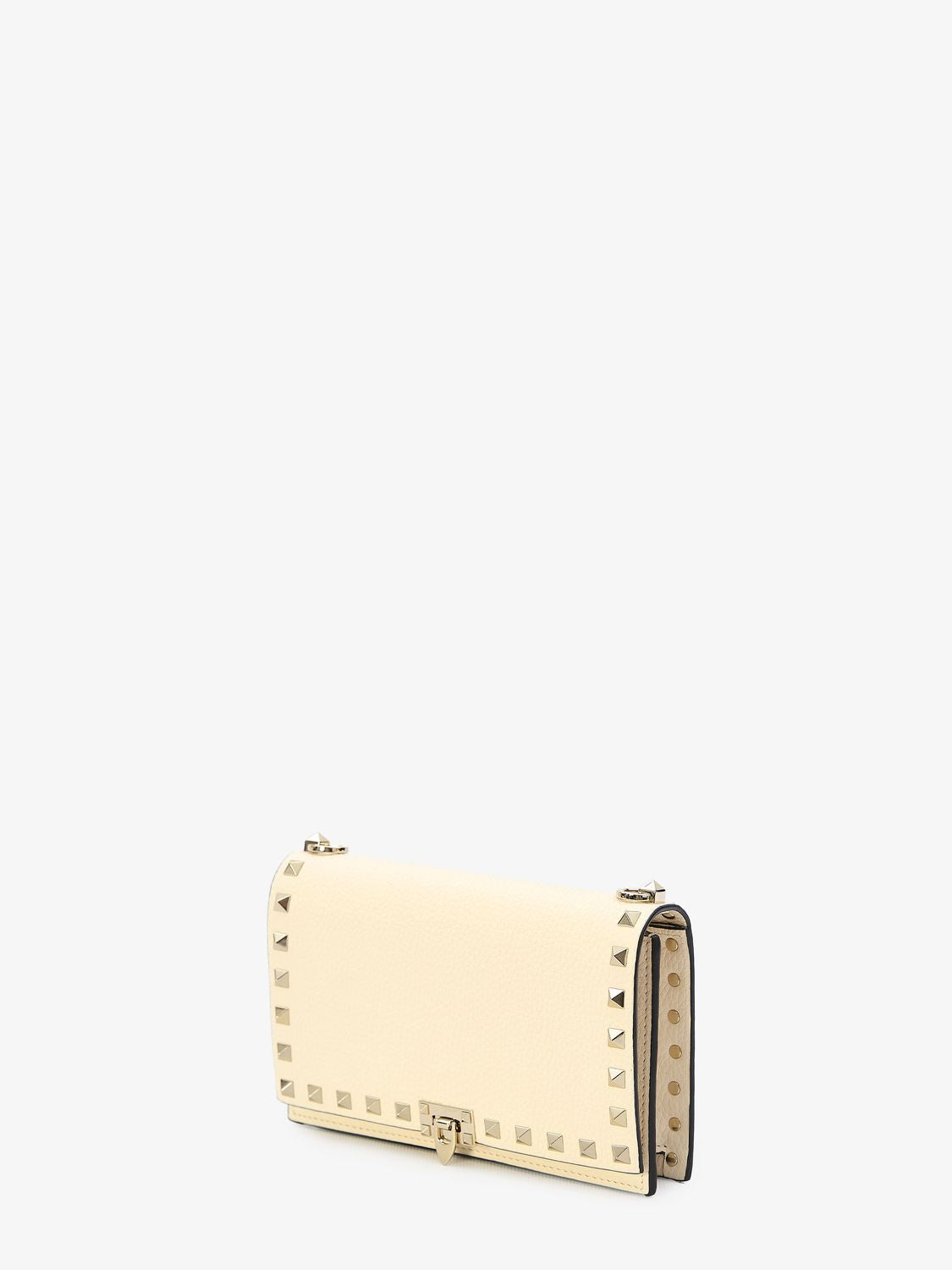 VALENTINO GARAVANI Chic Small Rockstud Cream Grained Leather Handbag with Platinum Studs and Chain Strap 19x4.5x12 cm