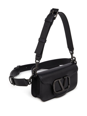 VALENTINO GARAVANI Mini Black Leather Shoulder Bag with Gunmetal V-Logo and Adjustable Strap for Men SS24