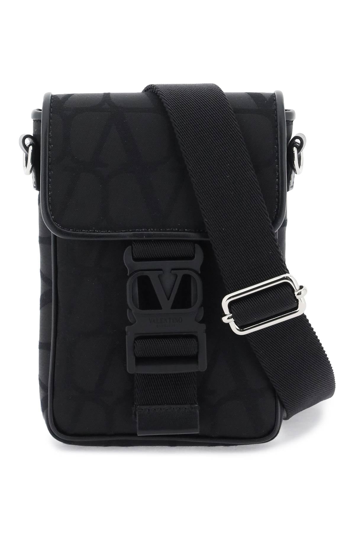 VALENTINO GARAVANI Black Mini Canvas Crossbody Bag with VLogo Snap and Adjustable Strap for Men - SS24