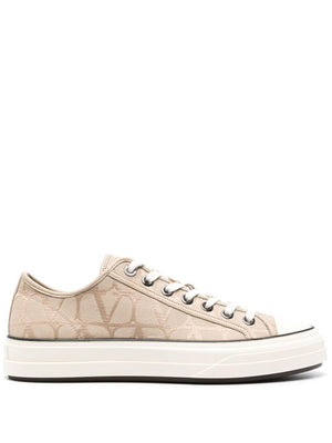 VALENTINO GARAVANI Beige Jacquard Low-Top Sneakers with Leather Details for Men