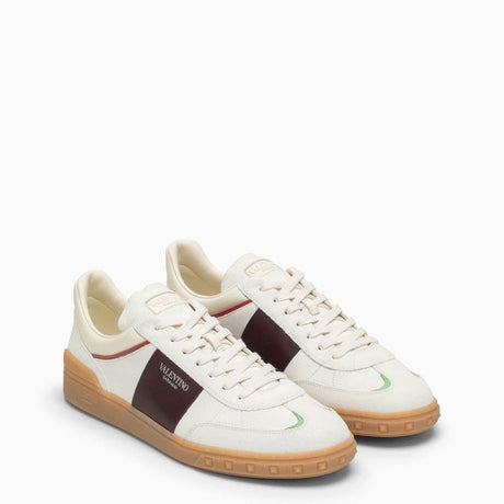 VALENTINO GARAVANI Men's Ivory Leather Low Top Trainers with Bordeaux Accents