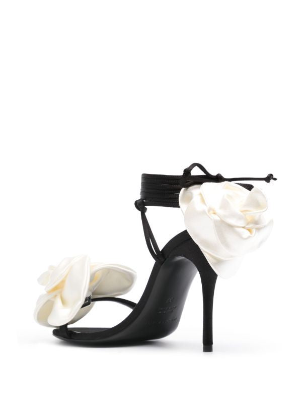 Floral Appliqué Satin Wraparound Sandals - 黑色花朵装饰缎带绑带凉鞋