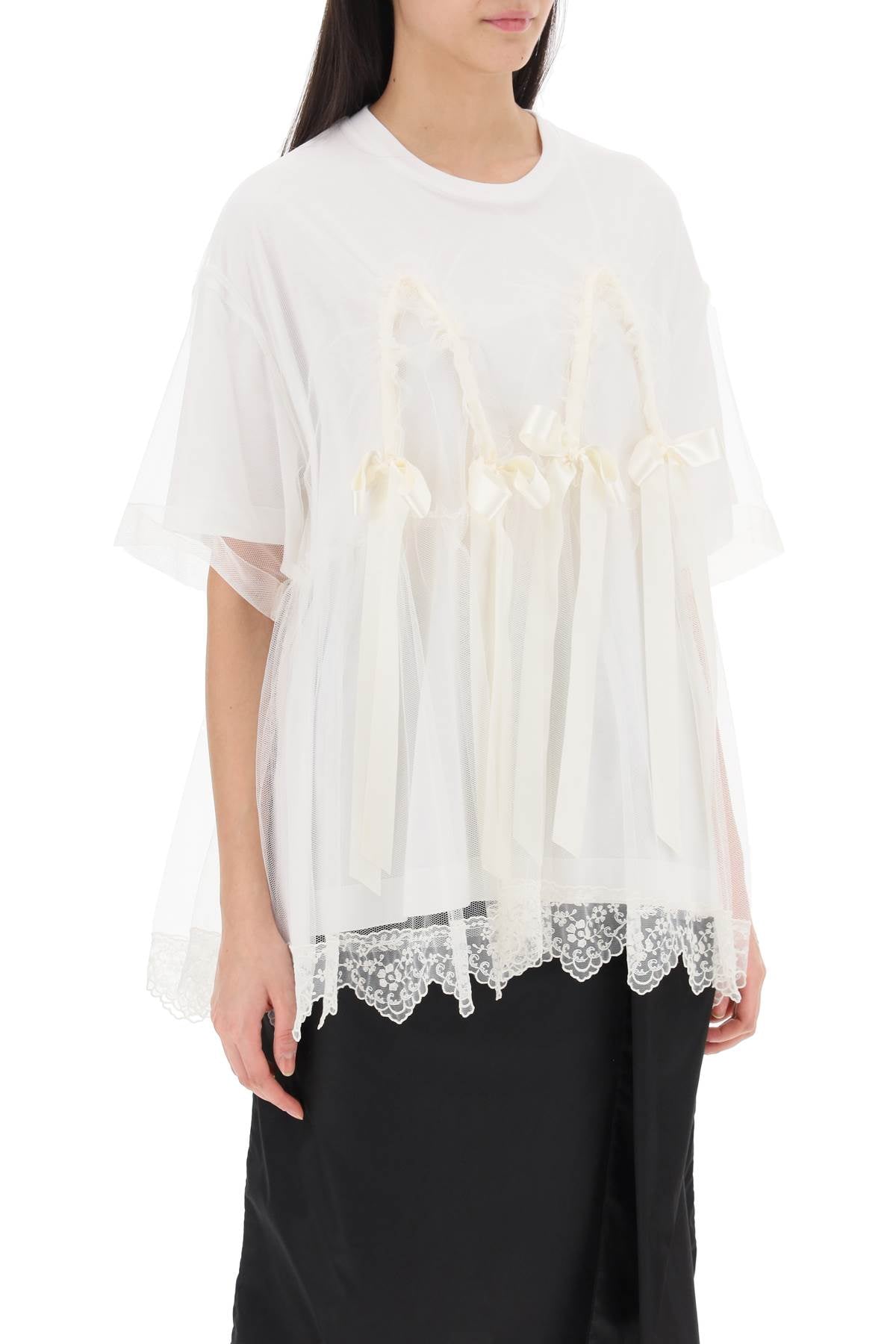 SIMONE ROCHA White Tulle Top with Lace and Bows