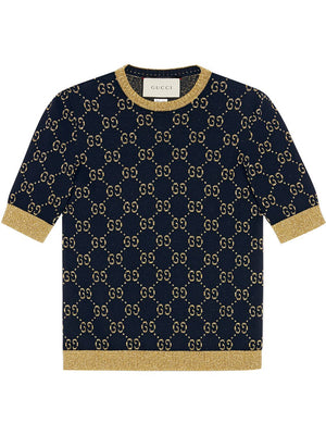GUCCI Blue Knit Top with Signature GG Print and Lurex Detailing