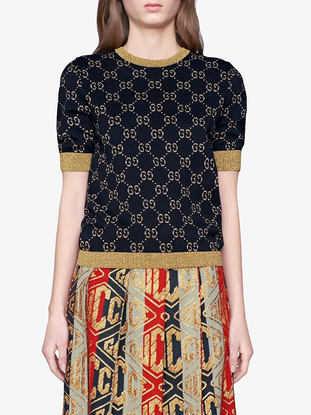 GUCCI Blue Knit Top with Signature GG Print and Lurex Detailing