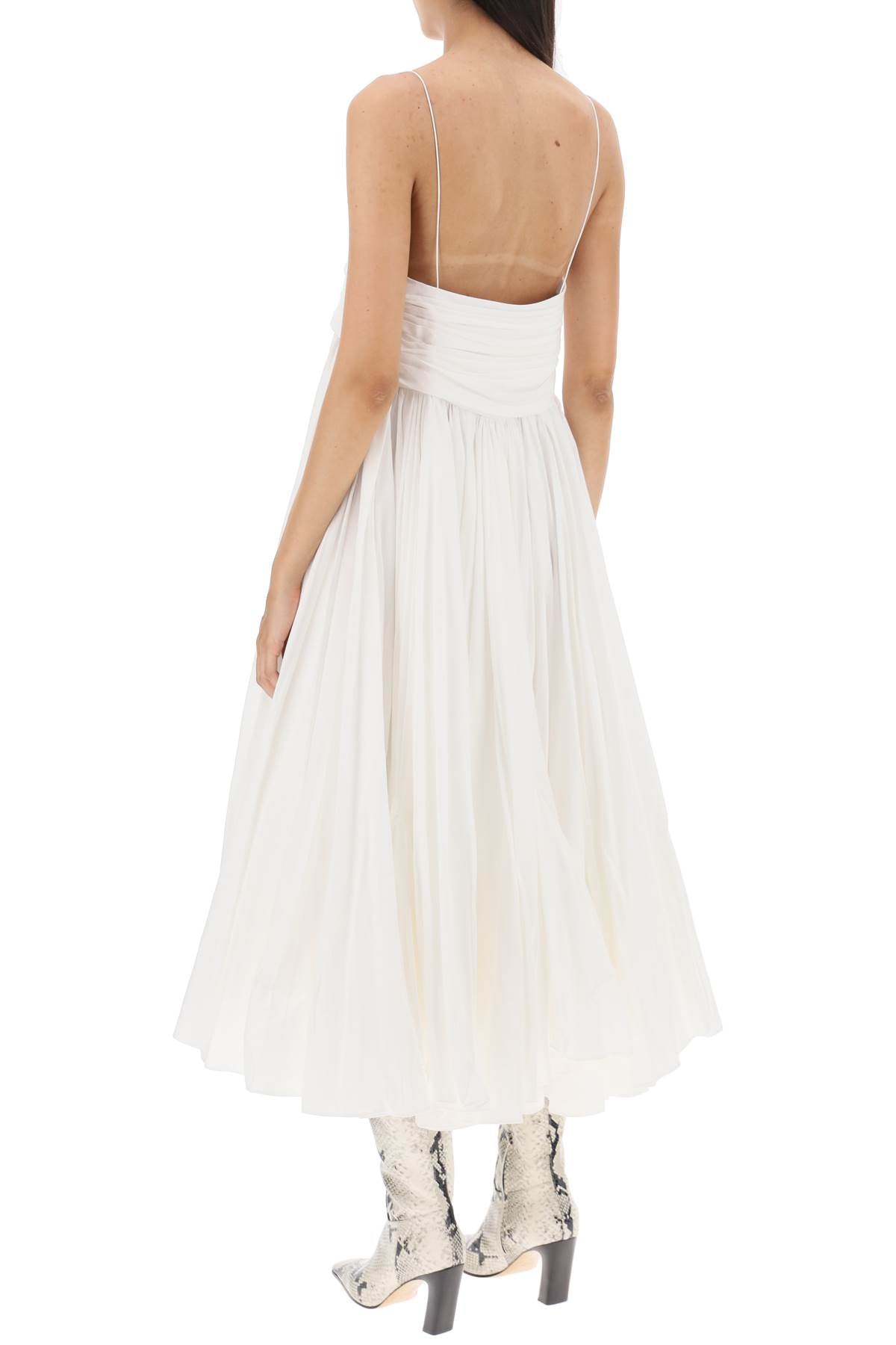 白色纯棉连衣裙 - 高腰满裙裙摆，斜肩胶带设计