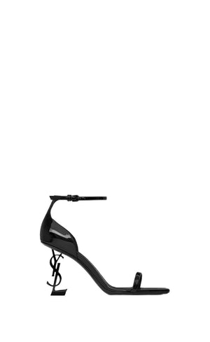 SAINT LAURENT Metallic Sculpture Heel Leather Sandals - Black