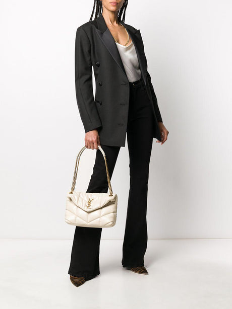 SAINT LAURENT Luxurious White Lamb Skin Puffer Shoulder Handbag for Women