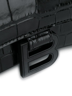 BALENCIAGA Hourglass Small Croc-Embossed Leather Top-Handle Handbag with B Charm