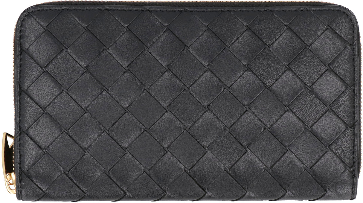 BOTTEGA VENETA Elegante Black Intrecciato Leather Zip-Around Wallet for Women