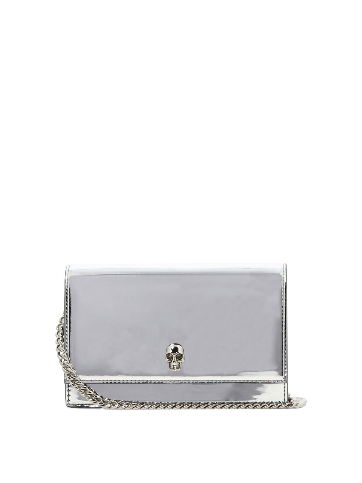 ALEXANDER MCQUEEN Mini Skull Gray Patent Leather Crossbody Bag with Chain Strap and Card Pocket for Women SS24