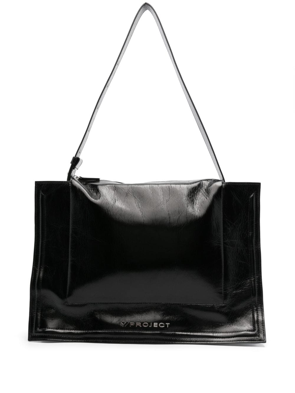 Y/PROJECT Black Leather Crossbody Bag with Crinkled Finish and Adjustable Strap