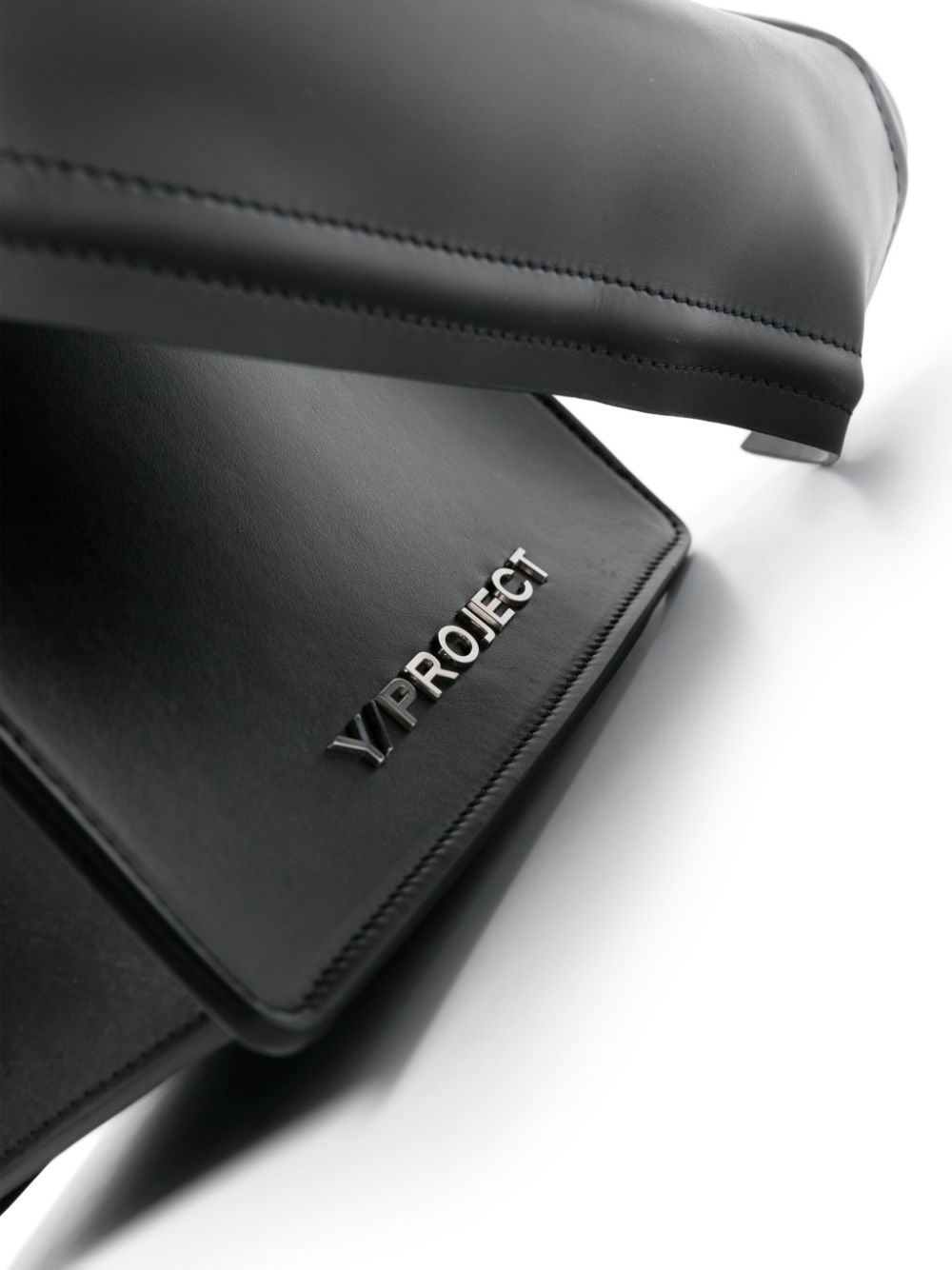 Y/PROJECT Black Leather Handbag with Silver-Tone Logo Lettering